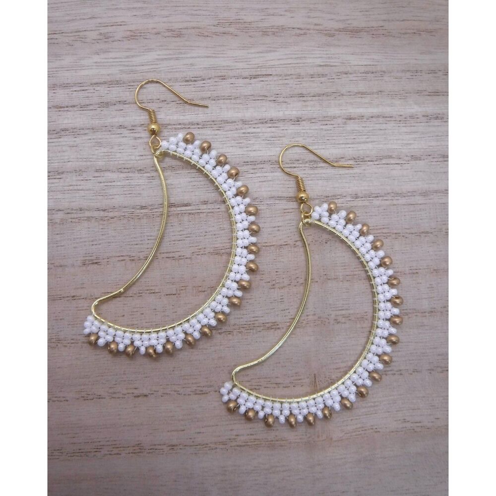 Earrings Beaded Gold w/ White Moon
